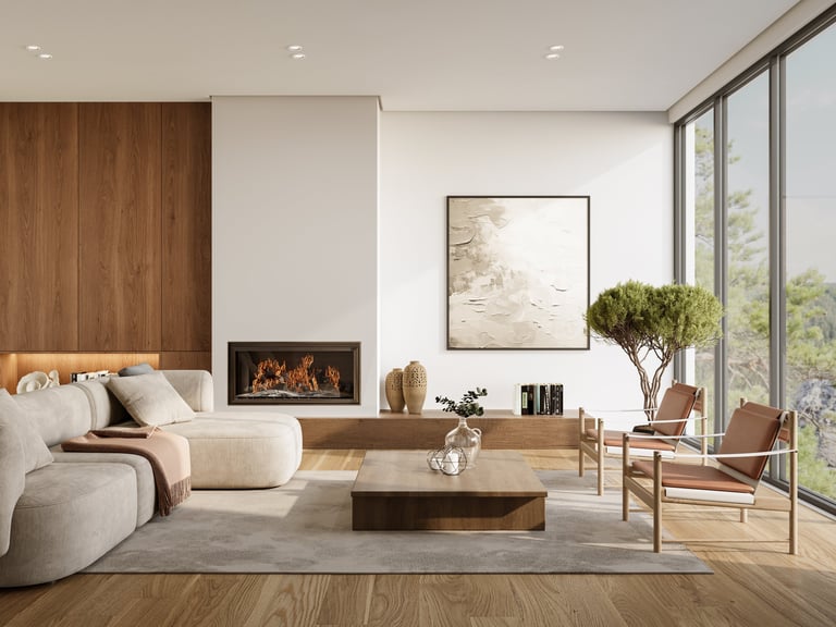 Minimalist living room interior with modern fireplace and white walls