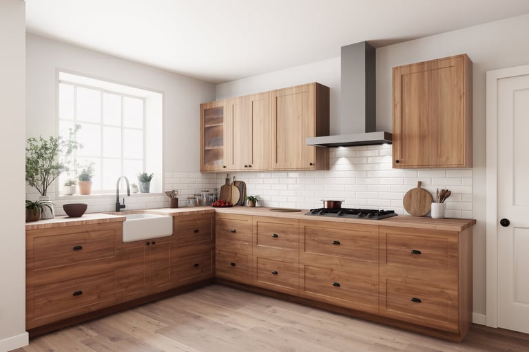 Modern kitchen with wooden cabinets and modern appliances, creating a bright inviting space for cooking