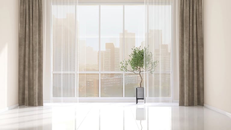 Empty apartment room with large window and beige brown blackout curtain for interior design
