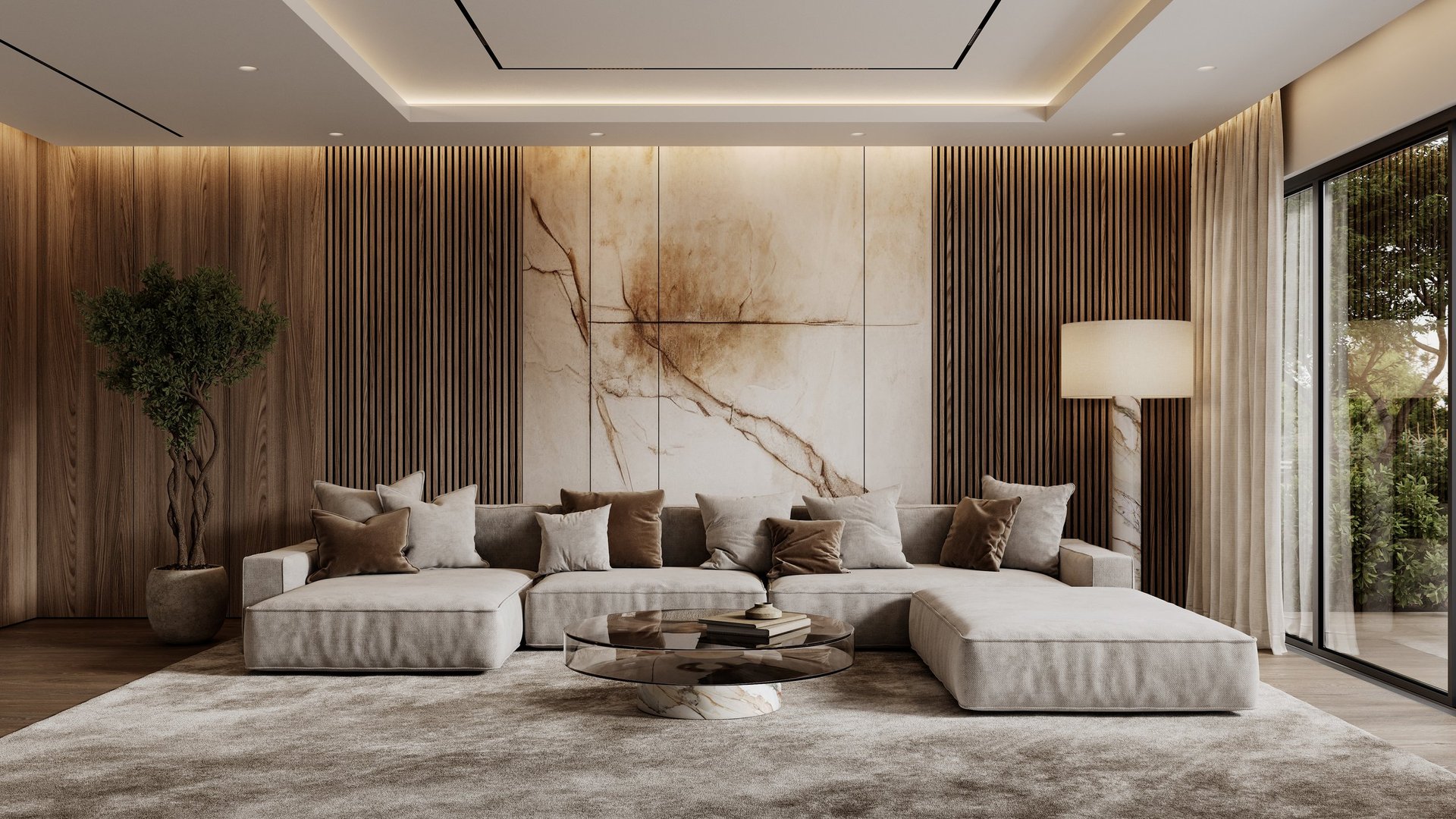 Contemporary interior with sofa, brown wood wall panels, plants, floor lamp, carpet, coffee table and decor