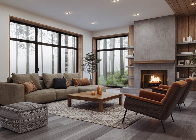 Cozy modern living room with natural wood accents, soft neutral furniture, and a minimalist concrete fireplace