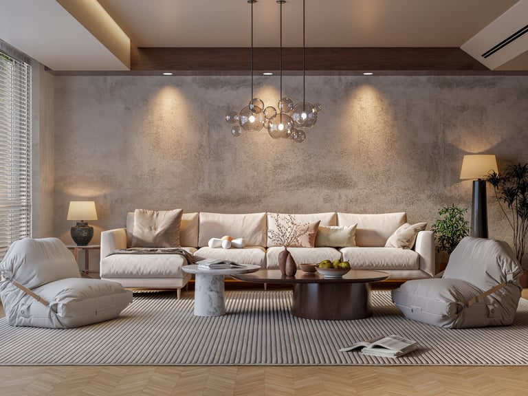 Cozy and warm living room with textured wall, sculptural chandelier, and ambient lighting