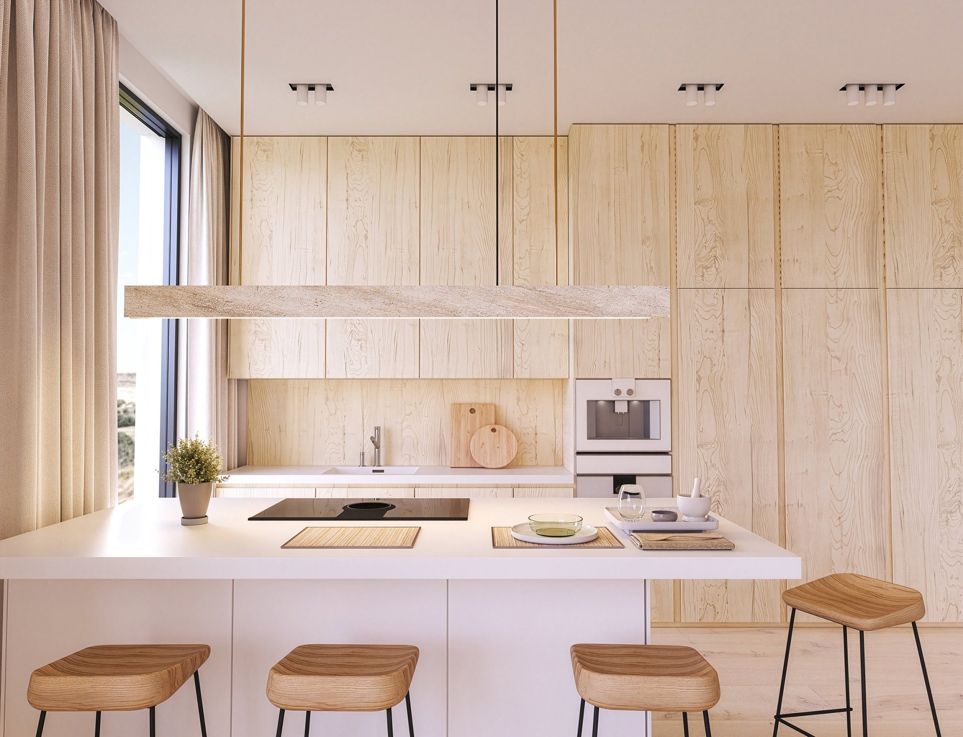 Clean modern kitchen featuring light wood cabinets, a white island with bar stools, soft curtains, and warm natural light from large windows