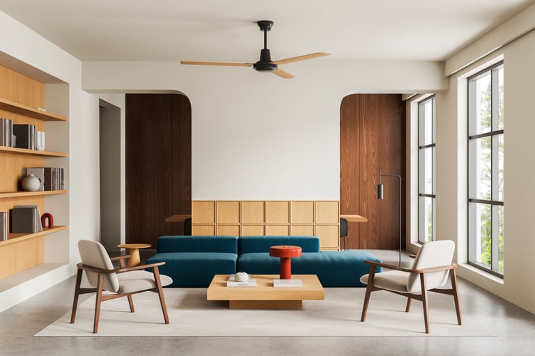 Contemporary living room with teal sofa, wood furniture, modern decor in minimalist style