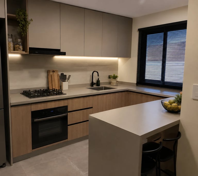 Modern kitchen with white upper cabinets, wood lower cabinets, white countertops, island with seating, and pendant lighting