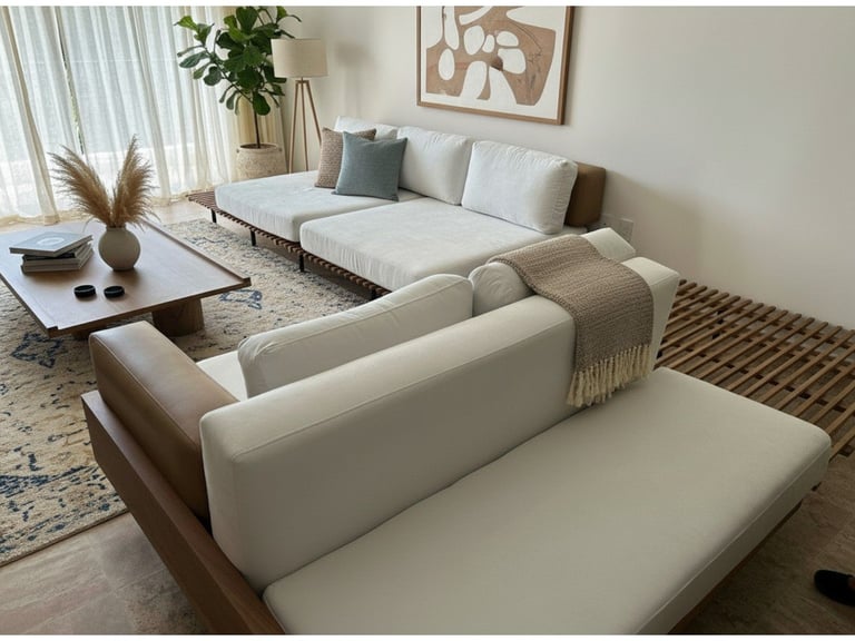 Modern living room with cream-colored sectional sofa, side table with pampas grass, and neutral decor in minimalist style
