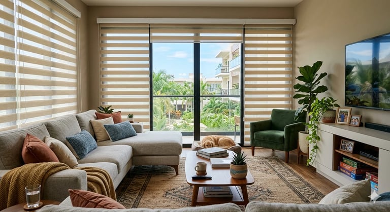 Modern living room with beige sofa, striped motorized shades, large windows overlooking a garden, green accent chair, and wooden coffee table