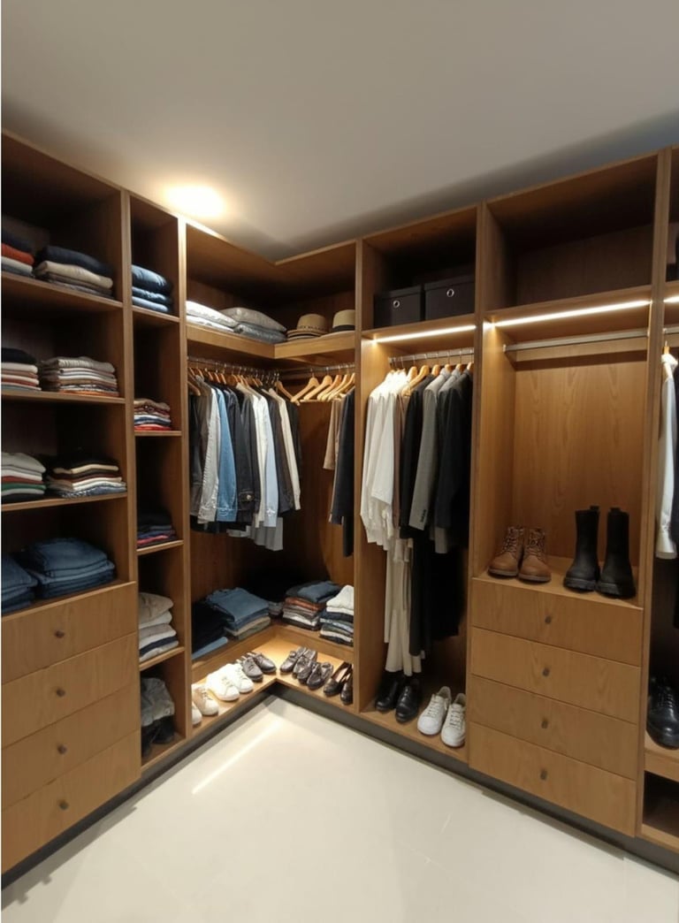 Modern walk-in closet with wooden cabinetry, clothing racks, shelving, drawers, and shoes organized on white flooring