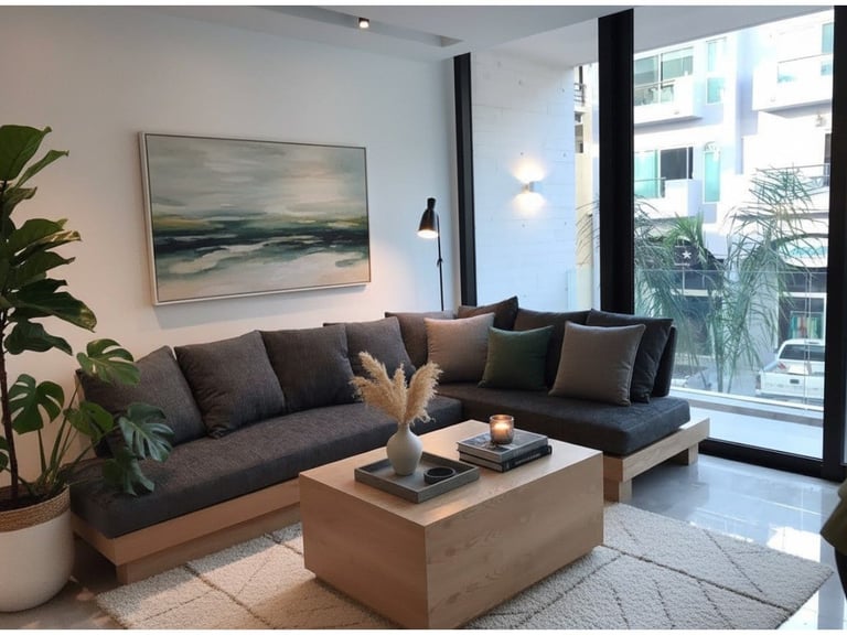Modern living room with gray sectional sofa, wooden coffee table, artwork, plants, and floor-to-ceiling windows