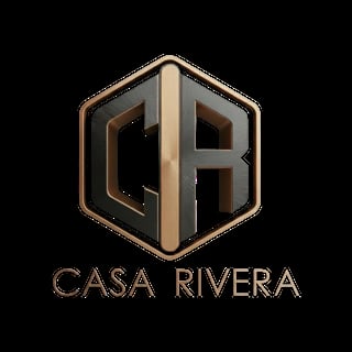 Casa Rivera logo featuring a hexagonal design with CR initials in bronze and beige tones on black background