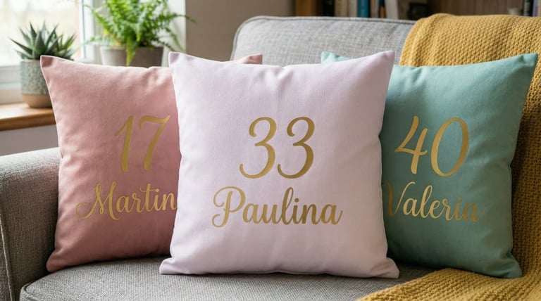 Three decorative throw pillows with personalized names and numbers on a gray couch in a bright living room