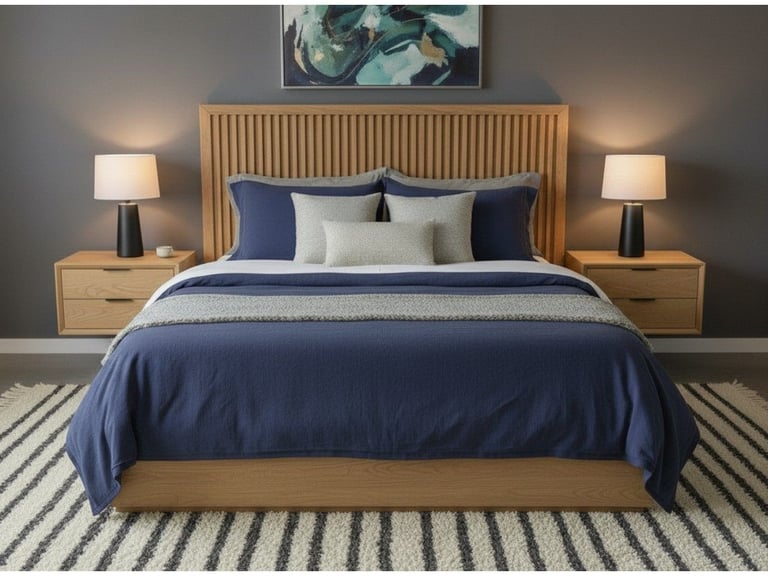 Modern bedroom with wood bed frame, blue bedding, cream headboard, two nightstands with lamps, striped rug, and wall art