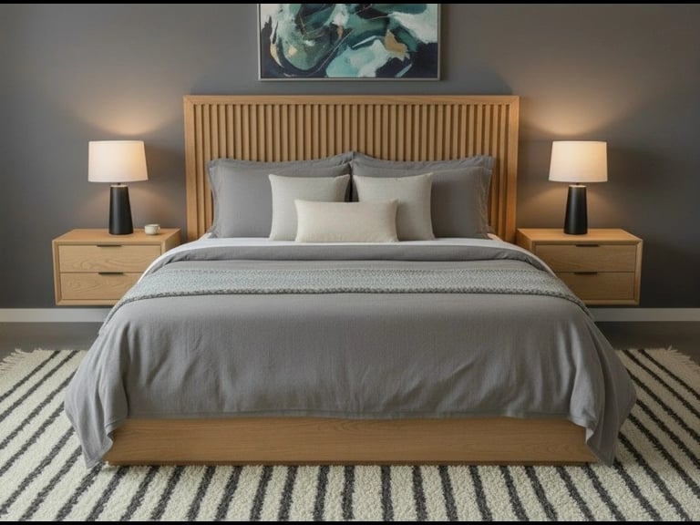 Modern bedroom with wood bed frame, gray bedding, matching nightstands with lamps, and striped area rug against gray wall
