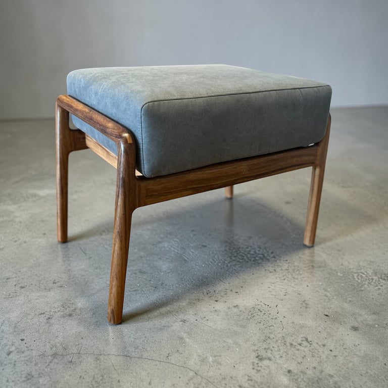 Mid-century modern wooden ottoman with blue and gray upholstered cushion top on concrete floor