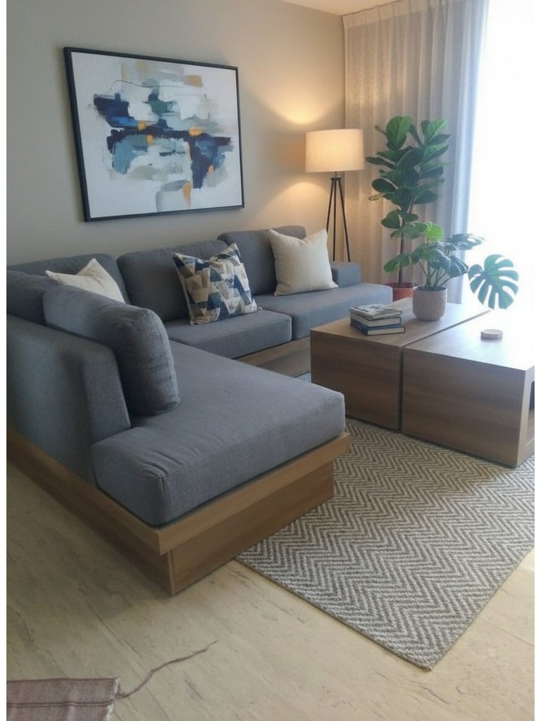 Modern living room with gray sectional sofa, wooden coffee table, tripod lamp, framed blue artwork, potted plant, and beige area rug