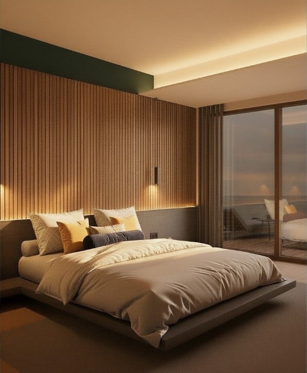 Modern bedroom with platform bed, beige bedding, wood-slat accent wall, warm ceiling lights, and floor-to-ceiling windows overlooking sunset
