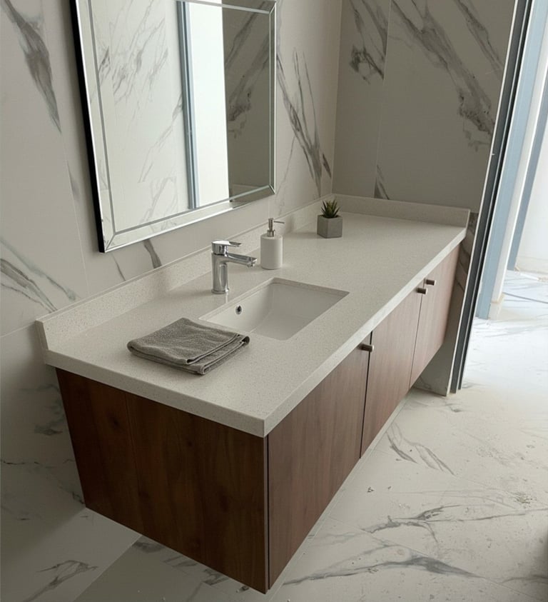 Modern bathroom vanity with white countertop, dark wood cabinetry, integrated sink, faucet, and large mirror with chrome frame in contemporary bathroom setting